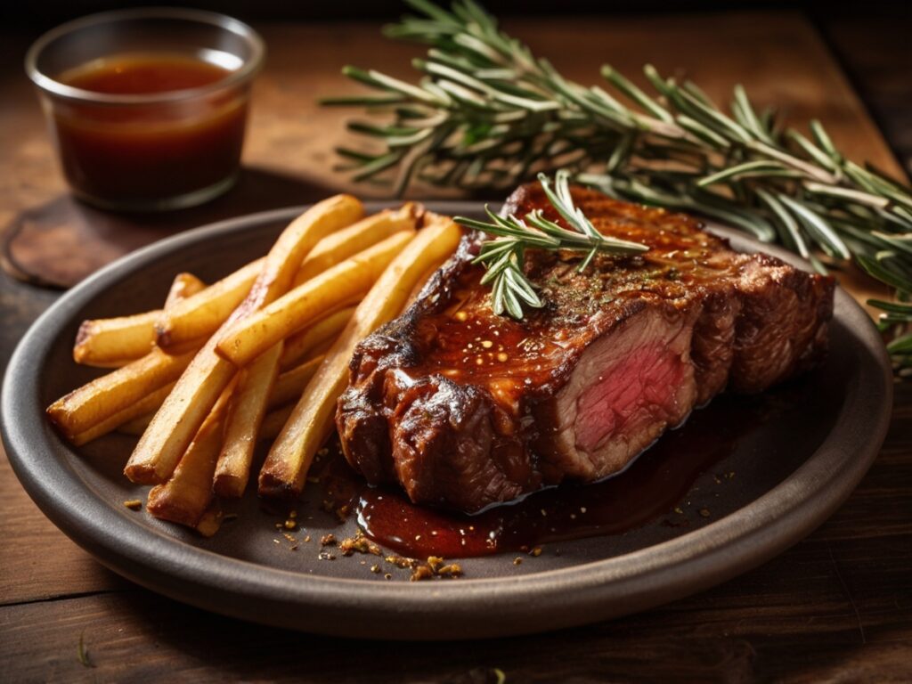 Côte de Bœuf Caramélisée, Sauce Barbecue au Miel & Frites Maison